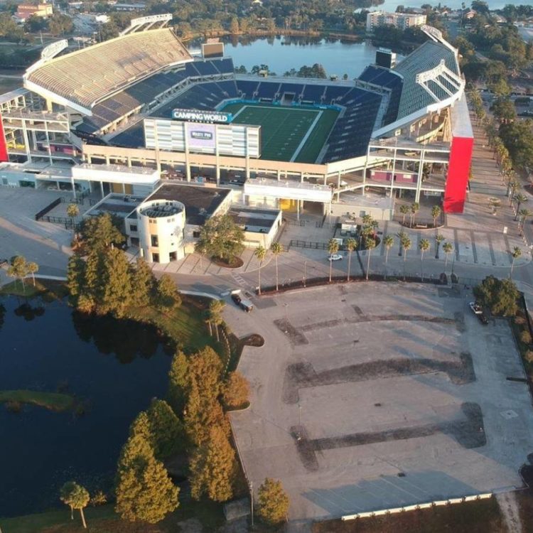 A parking lot before asphalt paving.
